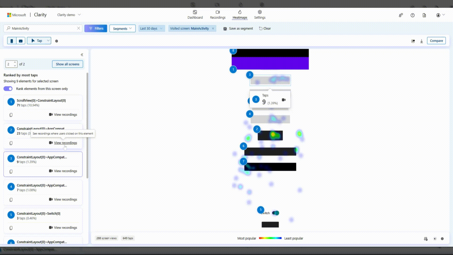 See recordings where users tapped on the element.