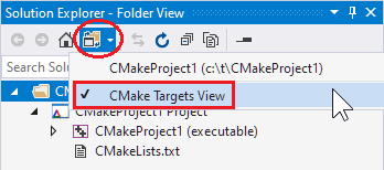 Screenshot of the dropdown button in the Visual Studio Solution Explorer that offers the CMake targets view option. Which is selected.