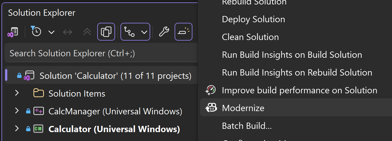 Screenshot of Visual Studio Solution Explorer showing a right-click context menu with Modernize selected to start the Copilot agent.