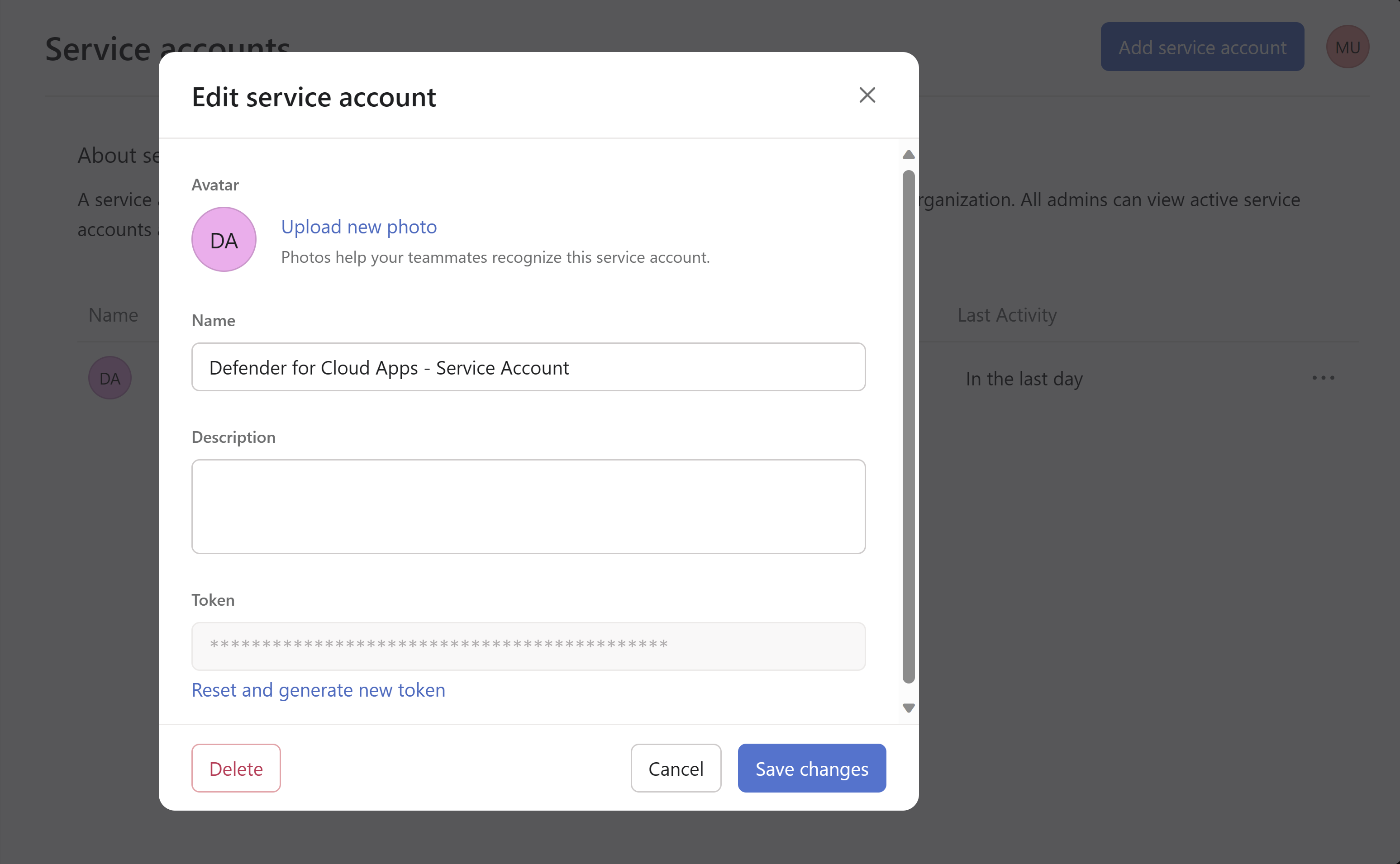 Screenshot of resetting Asana service account token.