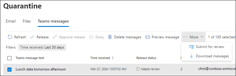 Screenshot of the available actions after you select the check box of a quarantined Teams message on the Teams message tab of the Quarantine page.