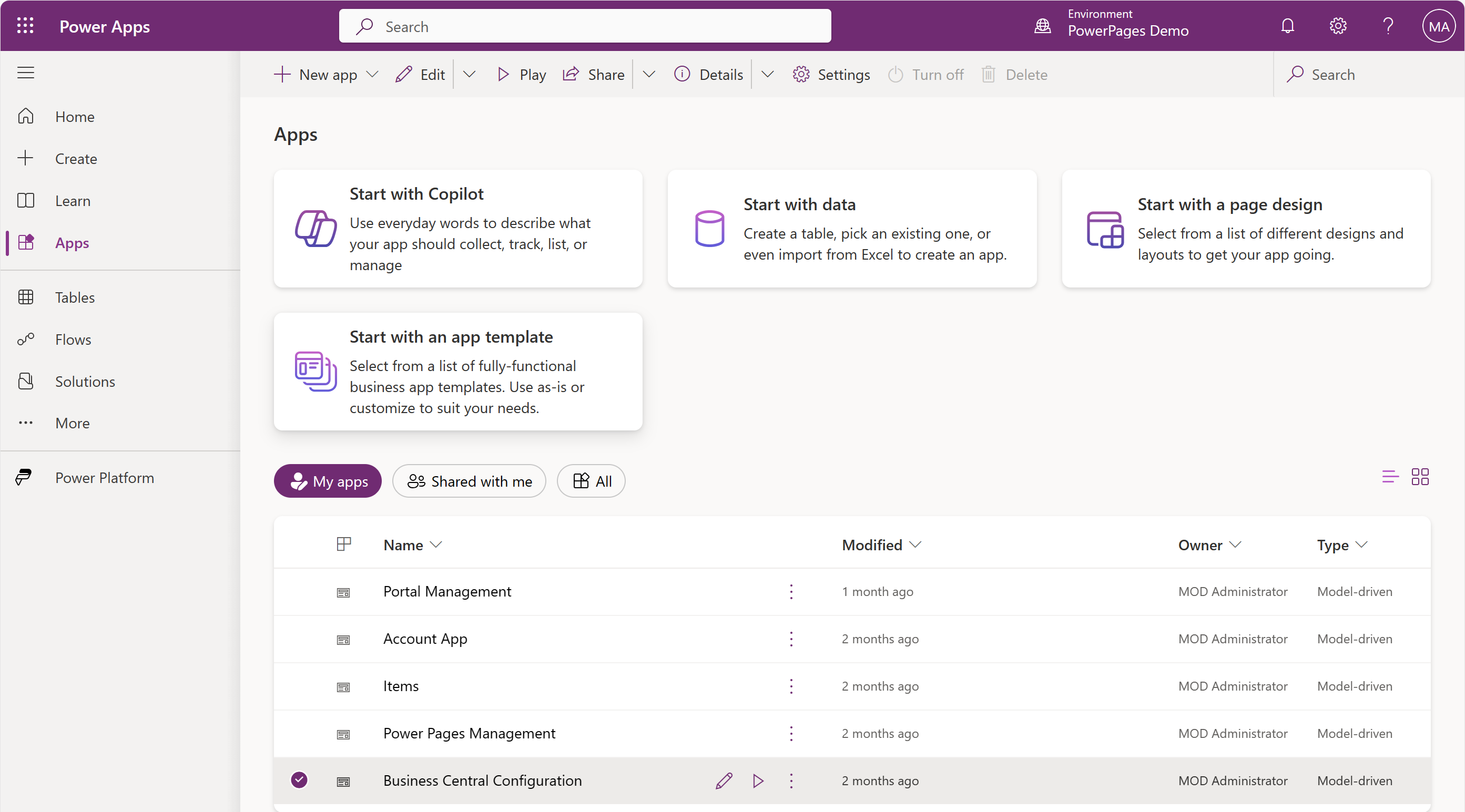 Screenshot of the Business Central Configuration app