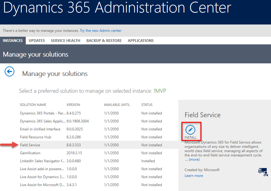 Dynamics 365 administrēšanas centra ekrānuzņēmums cilnē Instances.