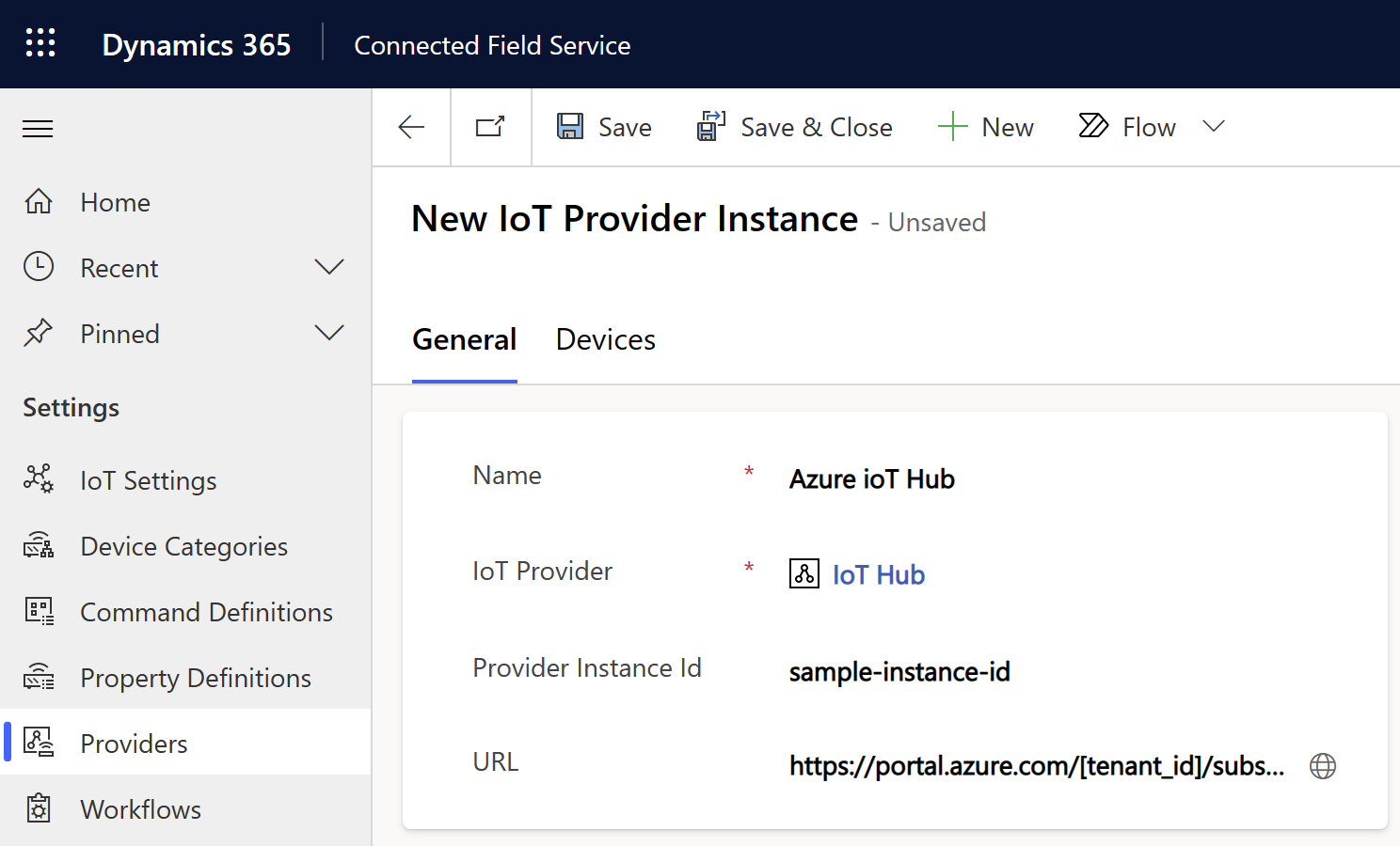 IoT nodrošinātāja instances ieraksta ekrānuzņēmums.