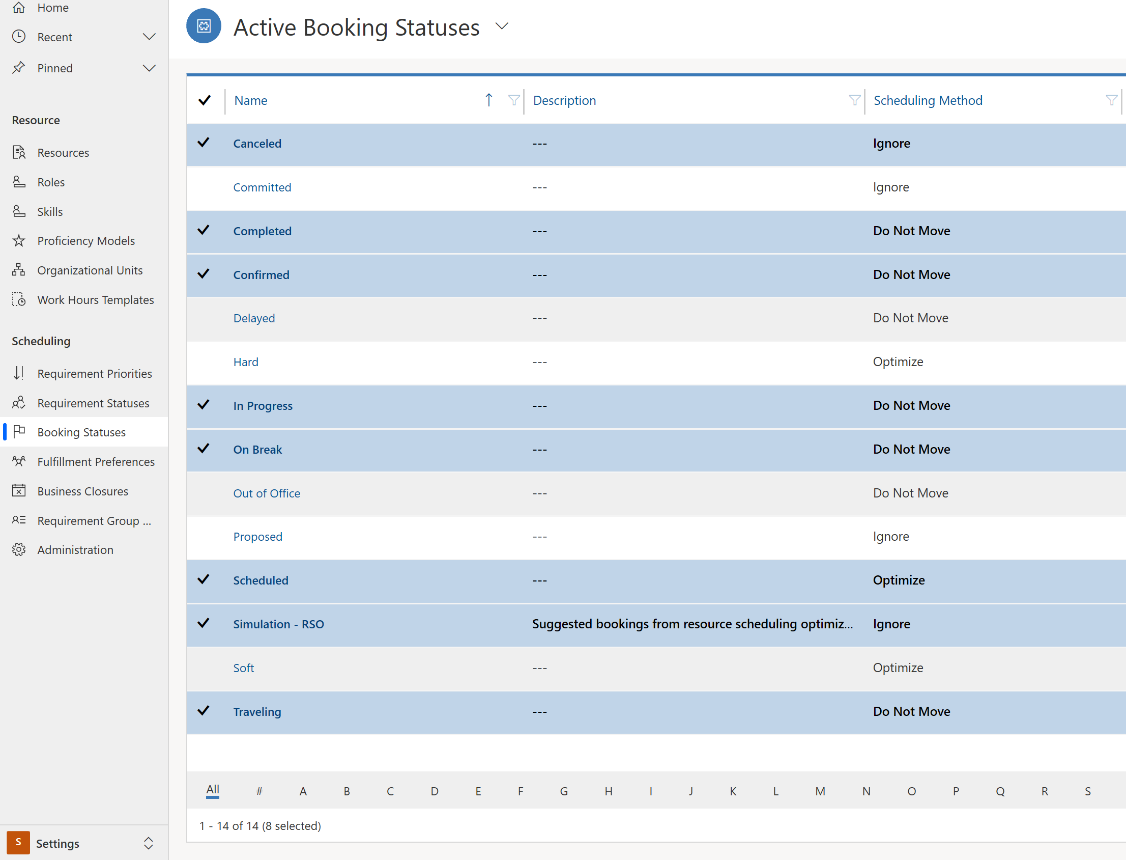 Ekrānuzņēmums, kurā redzams to rezervāciju statusu saraksts, kas kartēti uz Resource Scheduling Optimization statusiem.