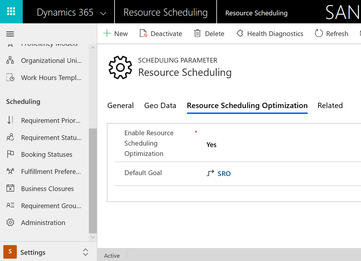 Ekrānuzņēmums, Resource Scheduling Optimization kurā redzams plānošanas parametrs cilnē.