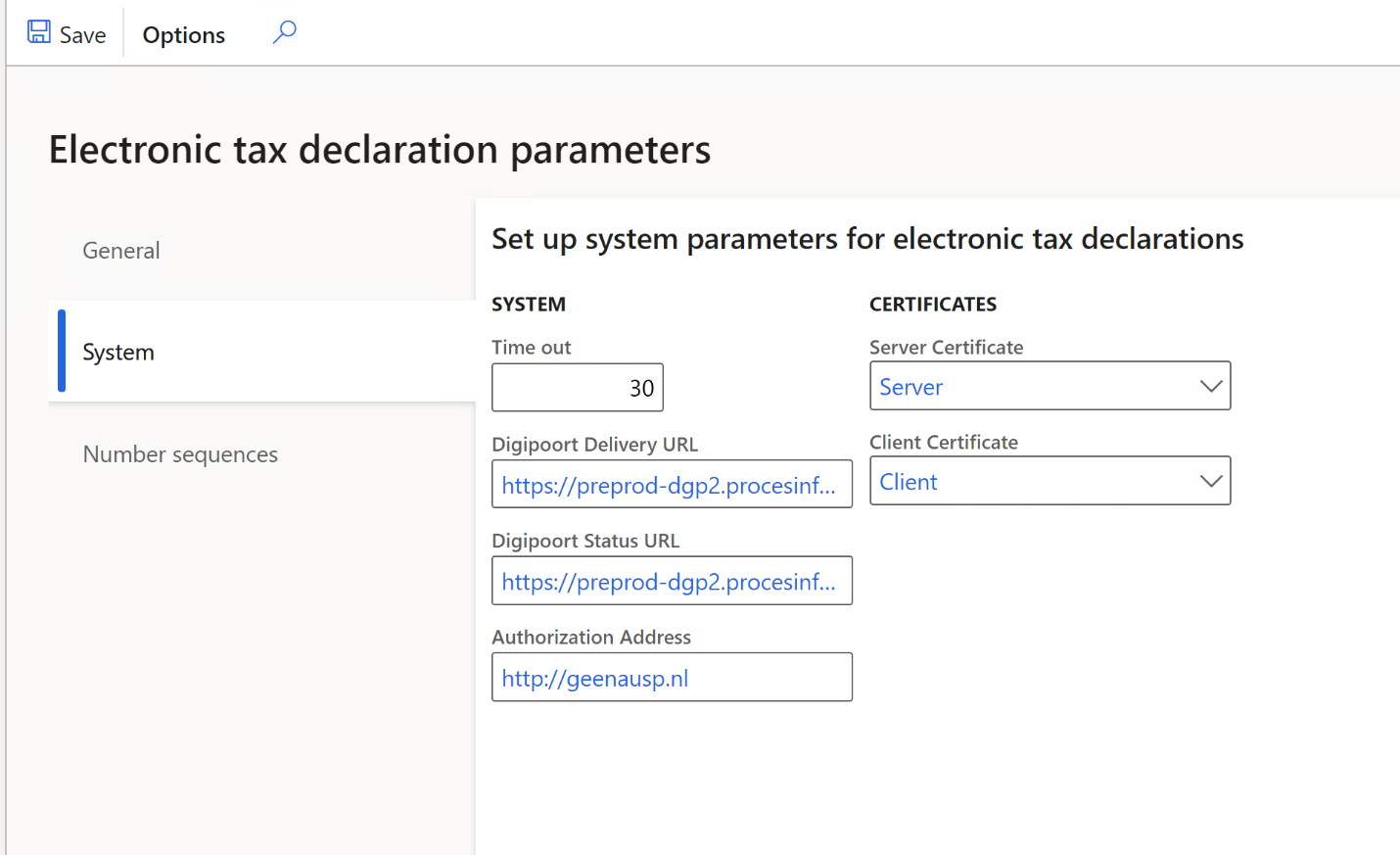 Electronic tax declaration parameters.