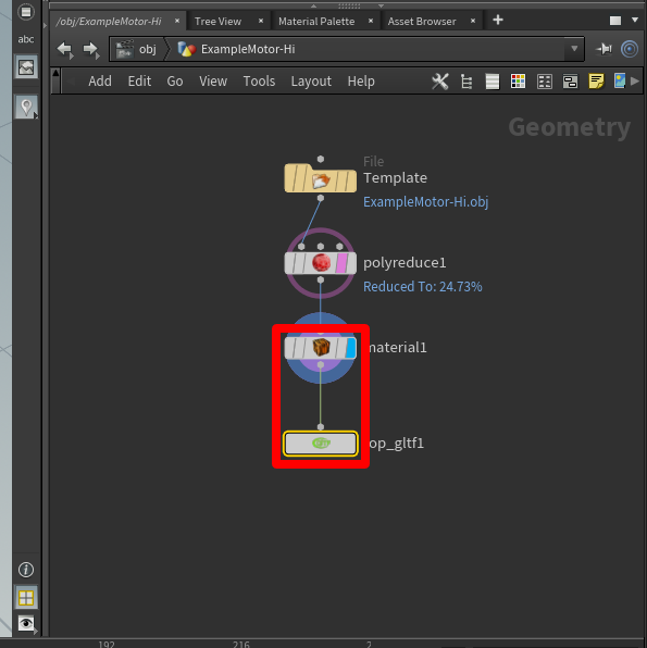 Connection from material1 node to rop_gltf1 node Connection from material1 node to rop_gltf1 node.