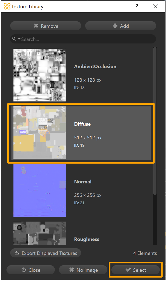 Selecting Diffuse texture map in the Texture Libaray window Selecting Diffuse texture map in the Texture Libaray window.