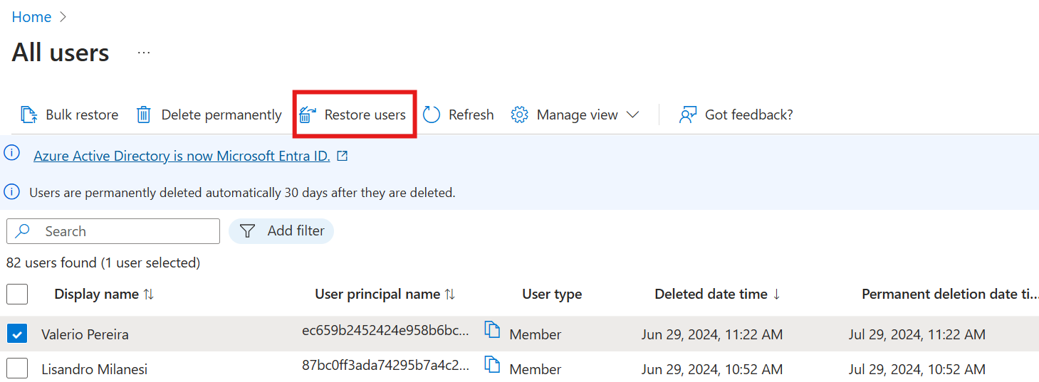 Screenshot that shows restoring users in the Azure portal.