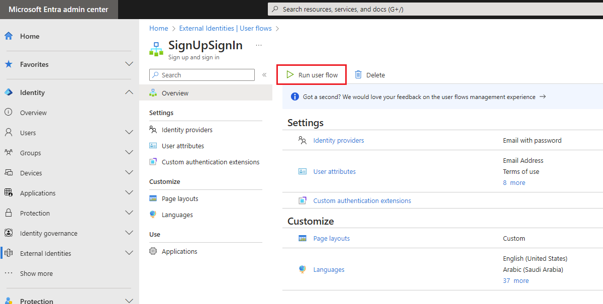 Screenshot showing the Run user flow button.