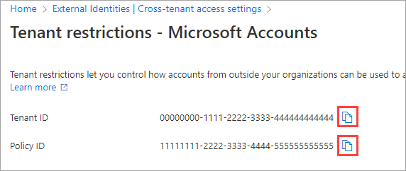 Screenshot showing tenant ID and policy ID.