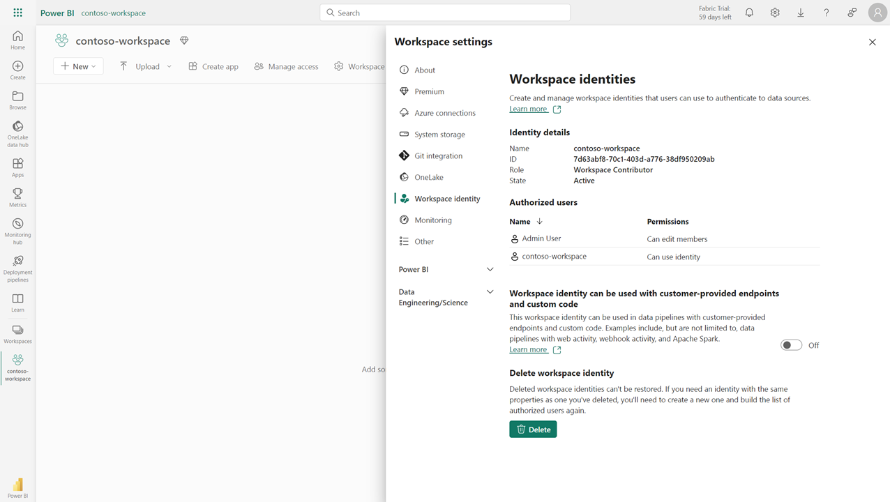 Screenshot showing workspace identity details.
