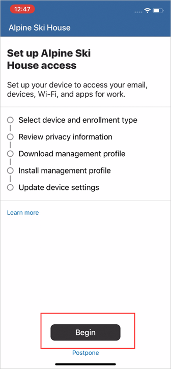 Example screenshot of Company Portal, "Set up access" screen.