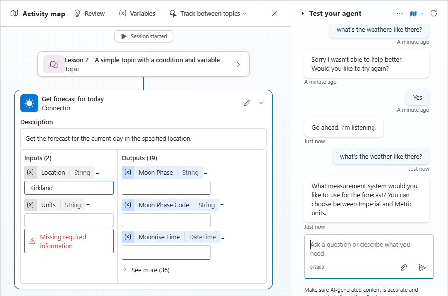 Screenshot of example 3, showing the conversation history and the weather action on the conversation map.