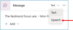 Screenshot of a Message node, with the Speech mode selection highlighted.