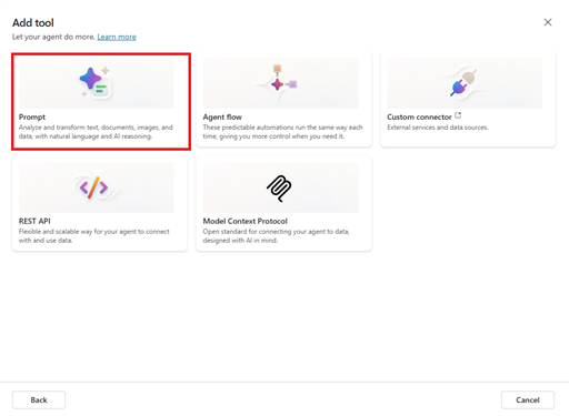 Screenshot of selecting a prompt tool.