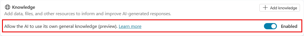 Screenshot of the Overview page highlighting the Knowledge section, with the Allow the AI to use its own general knowledge setting enabled.