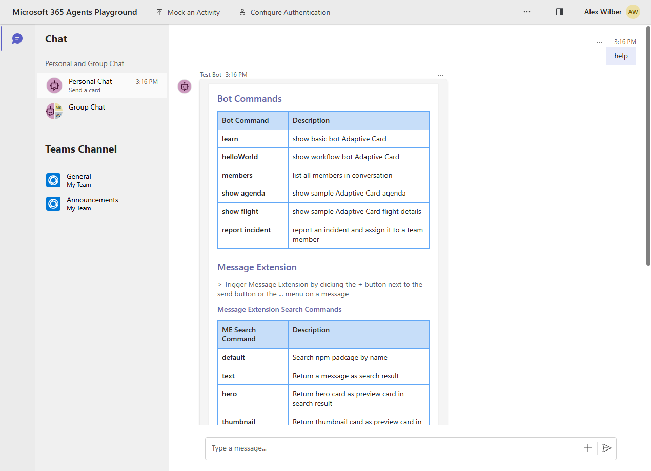 Screenshot shows Agents Playground Adaptive Card.