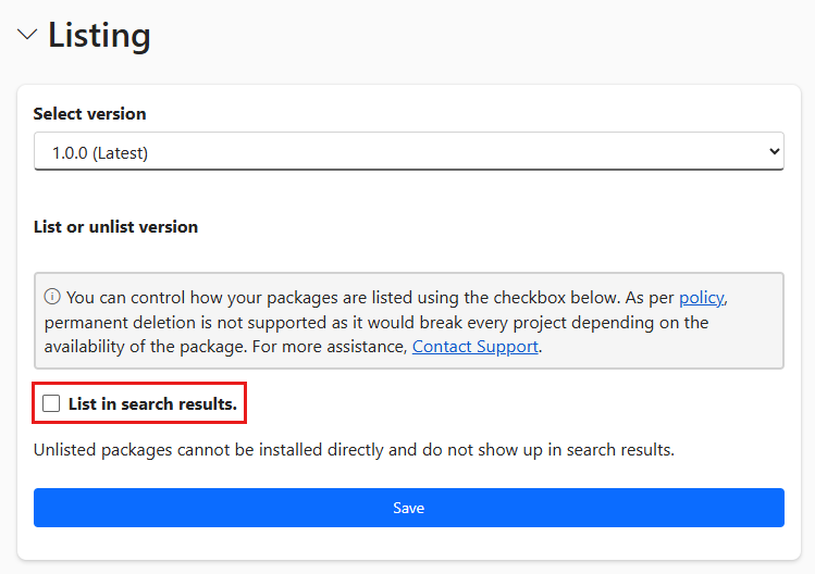 Screenshot of a nuget.org page. In the Listing section, the option for listing the package in search results is highlighted.