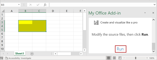 The add-in task pane open in Excel, with the Run button highlighted in the add-in task pane.