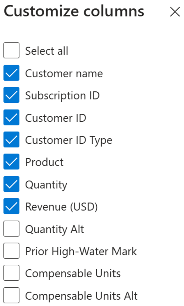 Screenshot of the Customize columns flyout.