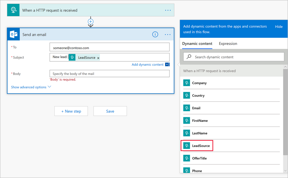 Add an email action by using dynamic content