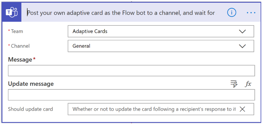 Post an adaptive card as the Flow bot to a Teams channel, and wait for a response.
