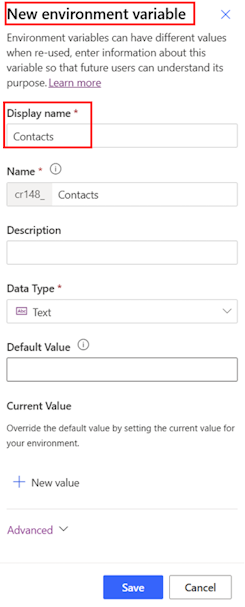 Screenshot of selecting the 'New environment variable' pane.