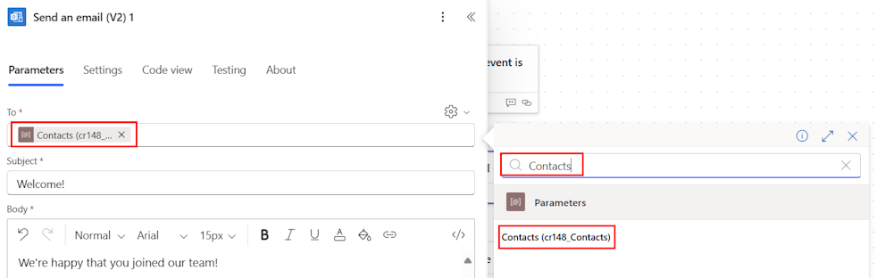 Screenshot of selecting an environment variable in a cloud flow action.