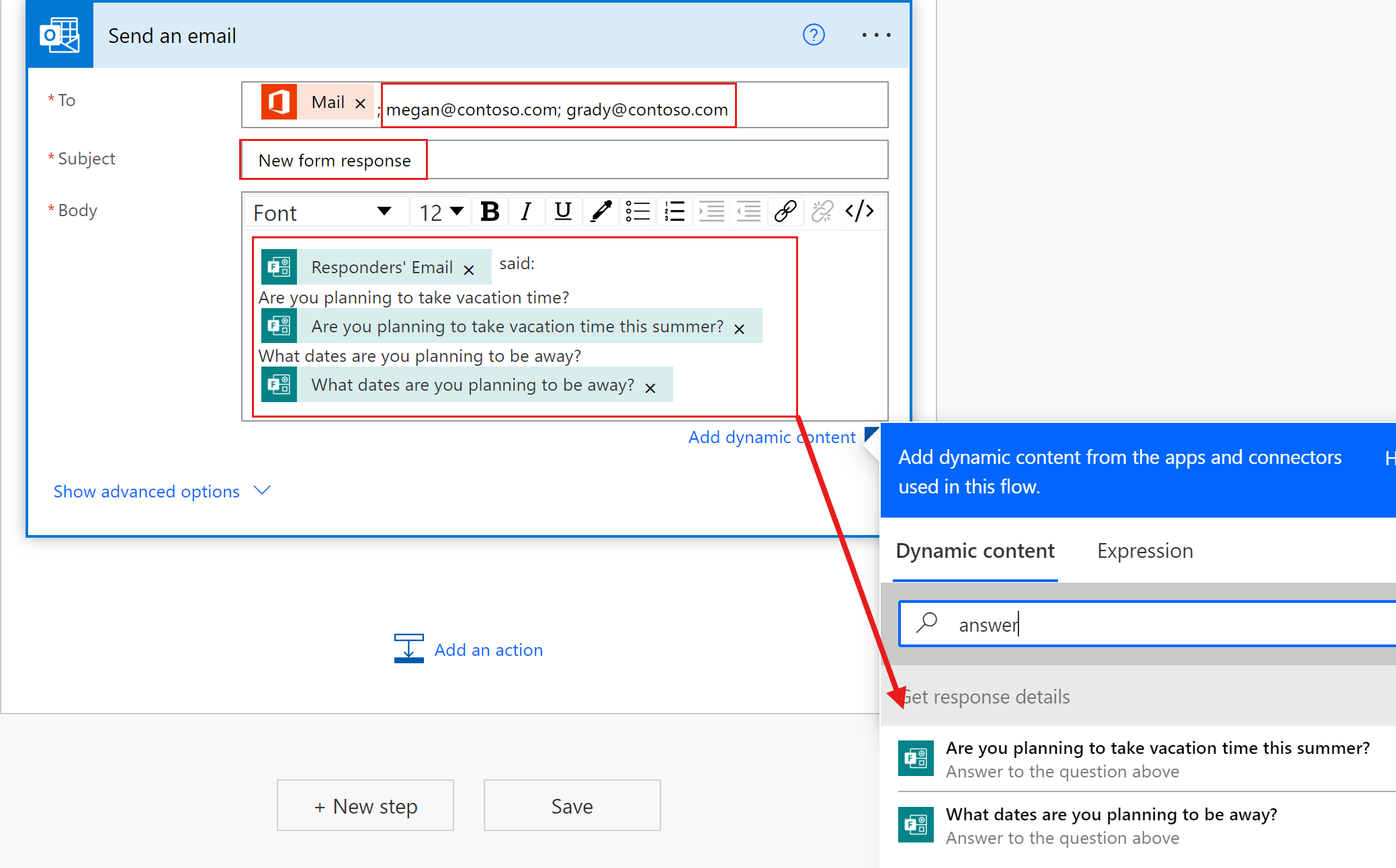 Ekrānuzņēmums, kurā redzama Outlook e-pasta sūtīšanas darbība plūsmā, kas tiek veidota, ar iezīmētu pielāgotu informāciju.