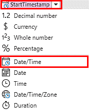 Ekrānuzņēmums, kurā redzams StartTimestamp datu tips Date/Time.