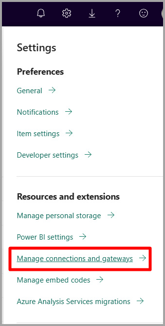 Screenshot shows the gear icon with its context menu with Manage connections and gateways selected.