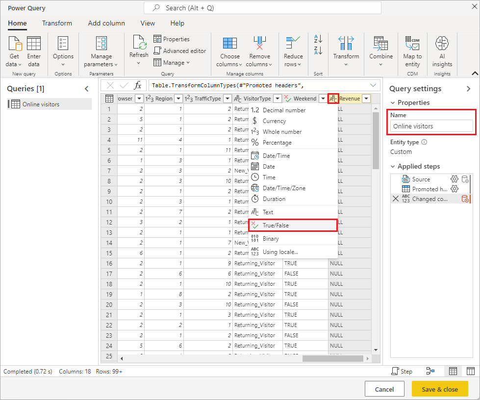 Screenshot of changing the query name and Revenue column data type.