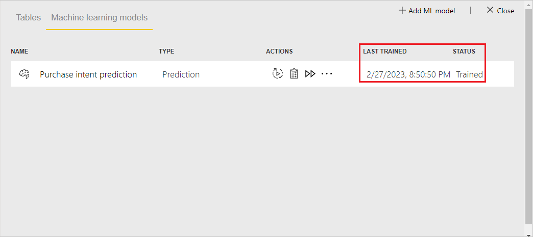 Screenshot that shows the Trained status and Last trained time.