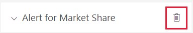 Screenshot showing the  window for managing alerts. Next to the Alert for Market Share alert, the trashcan icon is called out.