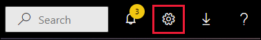 Screenshot showing the Power BI menu bar. The Search box and a few icon buttons are visible. The gear icon is called out.