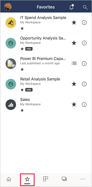 Favorites in the Power BI mobile apps