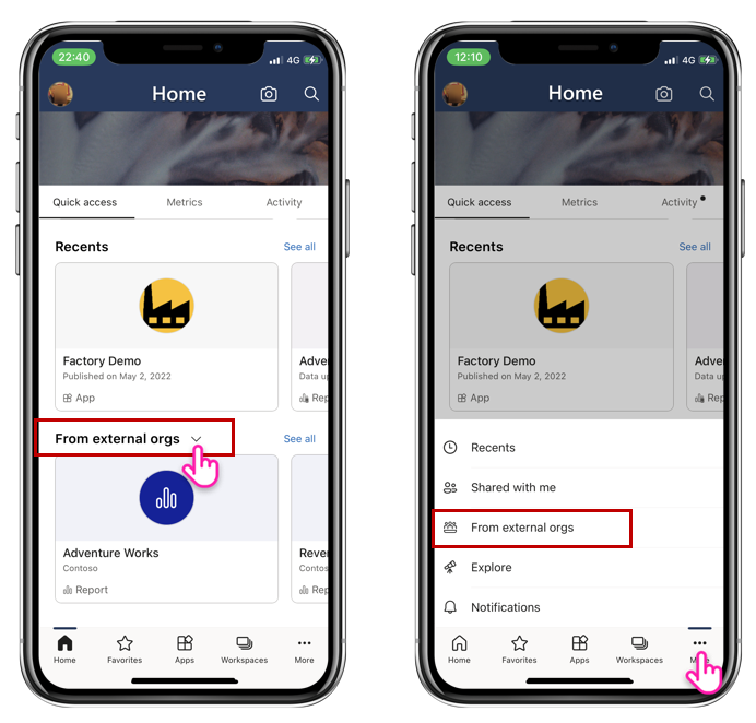 Screenshot of the From external orgs option on the Power BI mobile app home page.