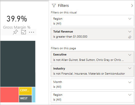 Screenshot of a sample Power BI Filter pane.