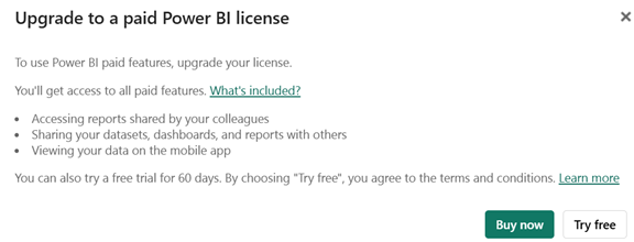 Screenshot showing an offer to upgrade your Power BI license.