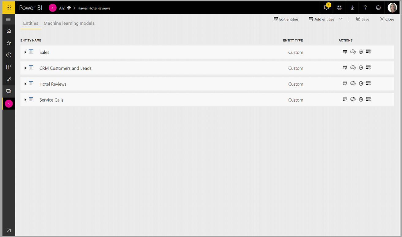 Screenshot of the entities list inside of a dataflow.