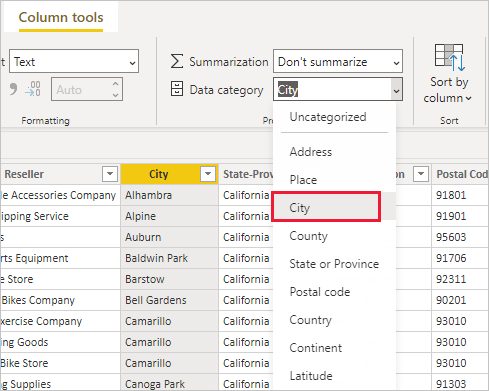 Screenshot of the data icon in Power BI Desktop with the City column highlighted.