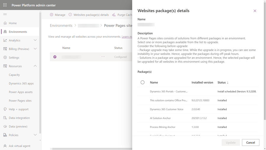 Detalizēta informācija par portāla pakotnēm, piemēram, nosaukumu, versiju un instalēšanas statusu