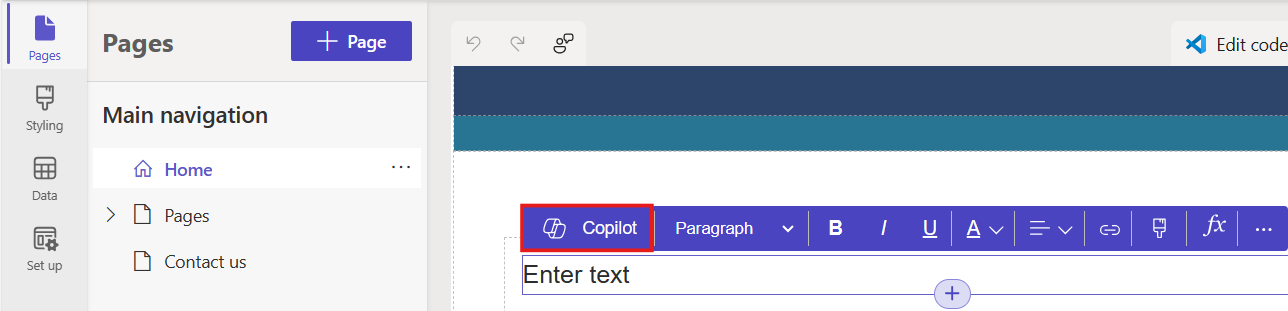 Teksta komponenta Power Pages ekrānuzņēmums ar iezīmētu Copilot ikonu.