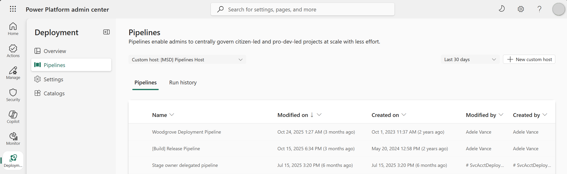 multivide / administratora izvietošanas centrmezgls /admin-deploy-hub-pipelines-list.png