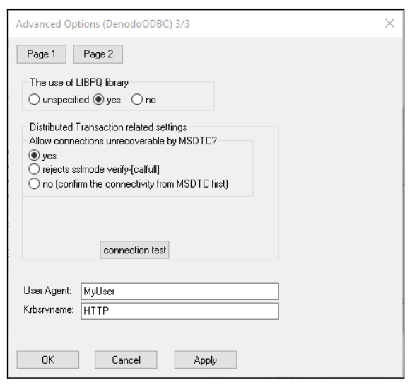 Screenshot of the Advanced Options page at the Denodo DSN configuration.