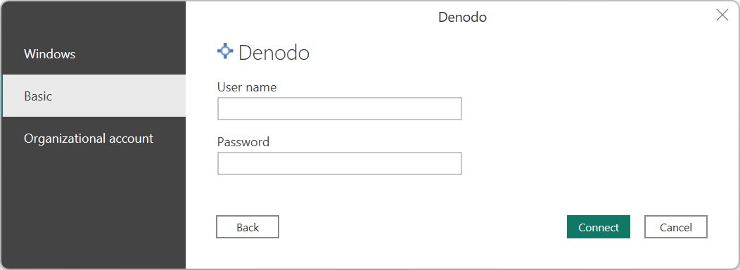 Screenshot of the Denodo basic authentication in Power BI Desktop.