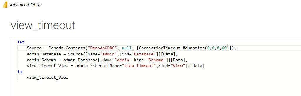 Screenshot of the advanced editor showing how to use the ConnectionTimeout parameter.