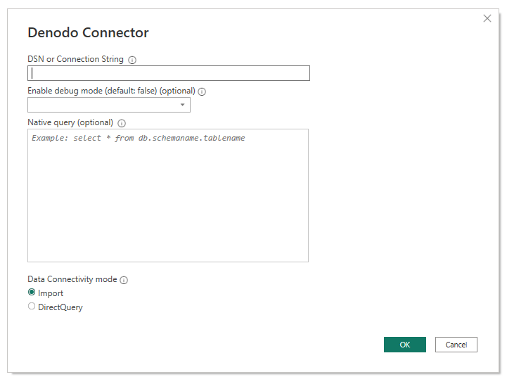 Screenshot of the Denodo connector dialog.